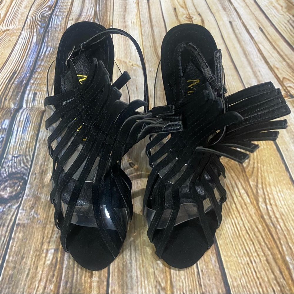 NEW Mackin J Black Leather Caged 4 1/2” Stiletto Slingback Heels - Picture 2 of 5